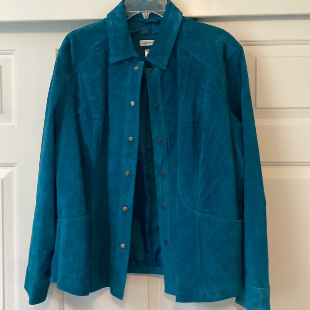 Coldwater Creek Peacock Blue Suede Jacket with Snap-front and Pockets